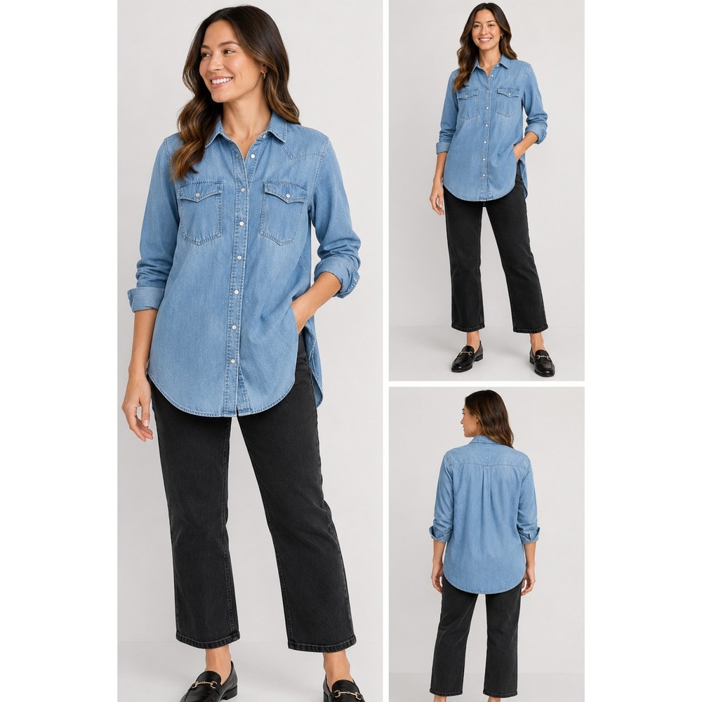 GAP Organic Cotton Western Denim Shirt Tunic Pearl Snap Indigo Womens Small